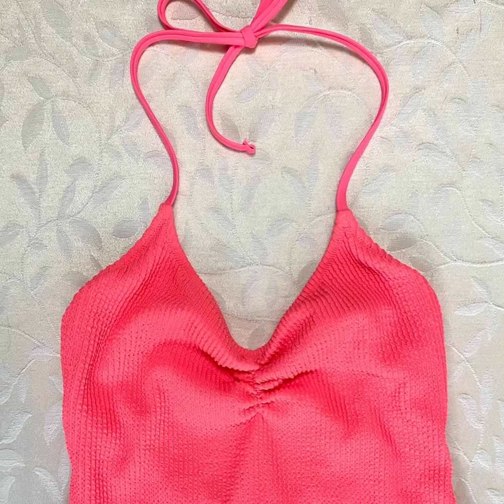 🆕 Aerie Swimsuit Womens Medium Coral Pink One Piece Cheeky Halter Bathing Suit - Picture 3 of 8